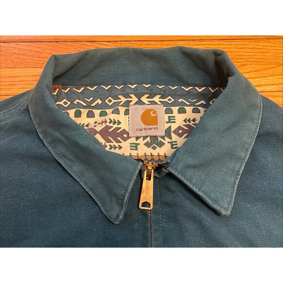Vintage Men’s Large Carhartt Santa Fe Western Aztec Lined Jacket USA Teal Blue - Picture 5 of 9